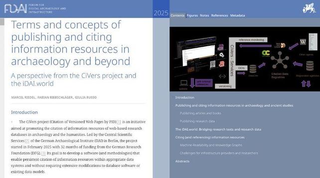 Vieweransicht der digitalen Publikation mit "Terms and concepts of publishing and citing information resources in archaeology and beyond" von M. Riedel, F. Riebschläger und G. Russo. Links Fließtext, rechts eine Grafik mit Icons zu digitalen Informationsdiensten.