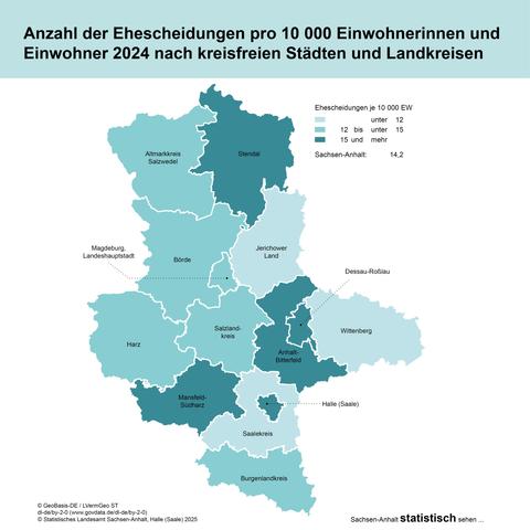 Sachsen-Anhalt-Kartegrafik mit der Anzahl der Ehescheidungen pro 10000 Einwohnerinnen und Einwohner 2024 nach kreisfreien Städten und Landkreisen