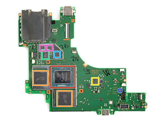 Nintendo Switch 2 main board PCB. Key components highlighted in colorful rectangles

Red: NVIDIA GMLX30-A1 applications processor w/ GPU

Orange: Micron MT62F768M64D4EK-026 WT:B 6 GB LPDDR5 SDRAM memory

Yellow: Infineon CP10359AT USB type-C controller

Green: Likely Nintendo B2423 Game Card reader controller

Navy: Genesys Logic GL852G quad-port USB 2.0 hub

Dark blue: Analog Devices MAX17050 battery fuel gauge

Pink: Diodes Incorporated PI2SSD3212NCE 14-bit 2:1 SSD switch