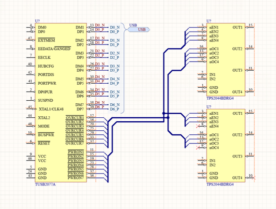 A screenshot of a schematic, a big IC sits to the left, labelled "TUSB2077A", to the right two smaller ICs are drawn, labelled "TPS2044BDRG4". Inbetween them two thick blue wires run, splitting off before branching out into smaller cables that look like stations