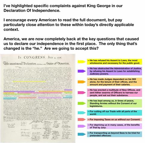 America declared independence from King George due to all the things Trump is doing to us now. They are listed in the declaration of independence. Here are listed some of them.