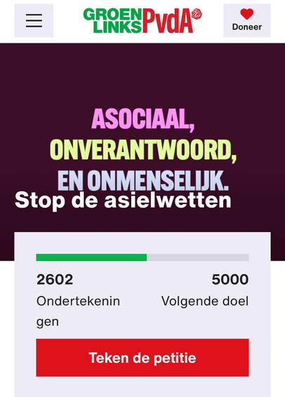 Print screen van de pagina waar je de petitie kunt tekenen . In grote letters over de asielwetten: Asociaal, onverantwoord en onmenselijk