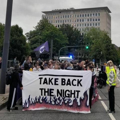 Demonstration auf dem Martensdamm. Im Vordergrund eine Tranpi auf dem take back the night drauf steht. Im Hintergrund ist eine scharz lila Antifa Fahne zu sehen.