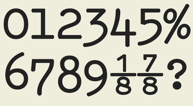 the numbers displayed in two rows, along with a percent sign, a question mark, and the fractions 1/8 and 7/8