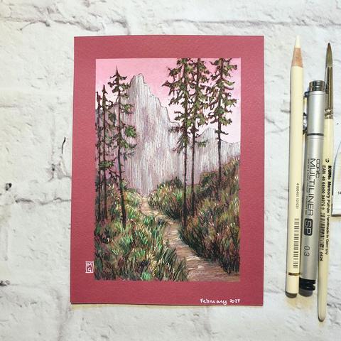 A small landscape drawing of a mountain scene with tall trees and a path leading into the mountains.  
An original art work
Colour pencil and mixed media on acid free toned artist paper
5 by 7 inches (12.7 by 17.8 cm).
Sold unframed