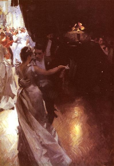 watercolour scene of a ballroom seen through the left side of the painting, on the right seems to be a shaded area with people in a darkened section and the reflections on the wooden floor.