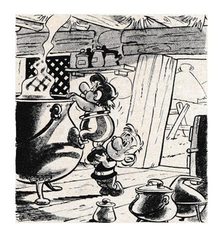 Bleistiftzeichnung: Asterix hebt Obelix an, damit dieser über den Rand des Kupferkessel schauen kann, in dem Zaubertrank gebraut wird.