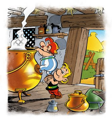 Restaurierte und kolorierte Zeichnung: Asterix hebt Obelix an, damit dieser über den Rand des Kupferkessel schauen kann, in dem Zaubertrank gebraut wird.