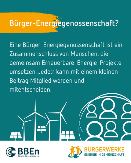 3:
Auf dem Sharepic steht: 
Bürgerenergiegenossenschaft?
Eine Bürgerenergiegenossenschaft ist ein Zusammenschluss von Menschen, die gemeinsam erneuerbare Energieprojekte umsetzen. Jede:r kann mit einem kleinen Beitrag Mitglied werden und mitentscheiden.