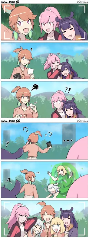 Multi-panel comic. Takanashi Kiara is outside taking a group selfie with Mori Calliope and Ninomae Ina'nis. After seeing the photo she gets frustrated, tears up the photo, and makes a phone call, confusing the other two. Amelia Watson and Gawr Gura appear out of a portal and the five of them take a new group photo together.