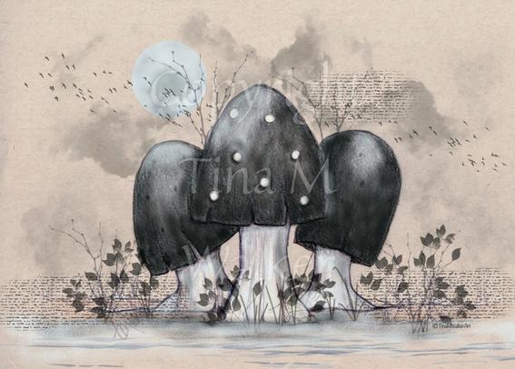 A cluster of toadstools with black caps. The cap of the centre toadstool has white spots. They're surrounded by the silhouettes of leafy plants, and a mist lies low on the ground. Above them a silvery full moon shines, and a flock of birds flies across. The background is a mottled beige.