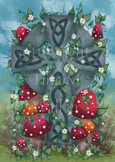 A grey stone Celtic cross, inlaid with Celtic knots, stands in long grass surrounded by red and orange spotted toadstools. Leaves and small white flowers twine upwards and through the cross, and more toadstools appear near the top. There's a mottled blue sky in the background.