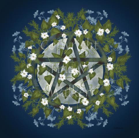 A pentacle symbol overlaid with green leaves, foliage and white flowers which extend outwards towards the edge of the design. A silvery full moon shines behind and within the circle of the pentacle. The background is deep blue.