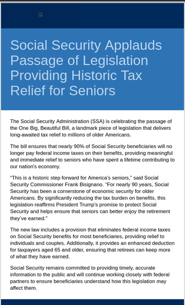 An email from the Social Security Administration entitled "Social Security Applauds Passage of Legislation Providing Historic Tax Relief for Seniors"