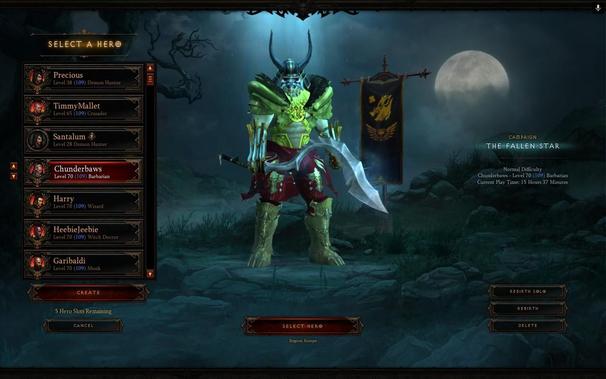 A screenshot of the Diablo 3 character screen with a range of characters with daft names; Precious, TimmyMallet, Santalum, Chunderbaws, Harry, HeebieJeebie and Garibaldi.