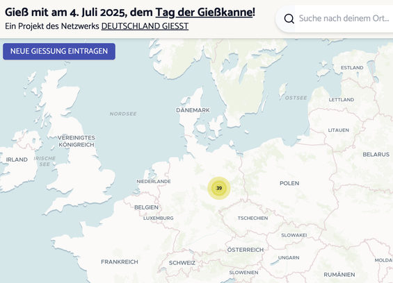 Karte mit Clustermarker mit der Zahl 39 sowie Adresssuchfeld und Button zum Eintragen der Gießung.