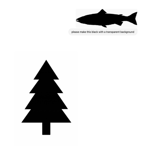 Outline of a fish with the request to make the silhouette black with a transparent background. Below is a large silhouette of a christmas tree.