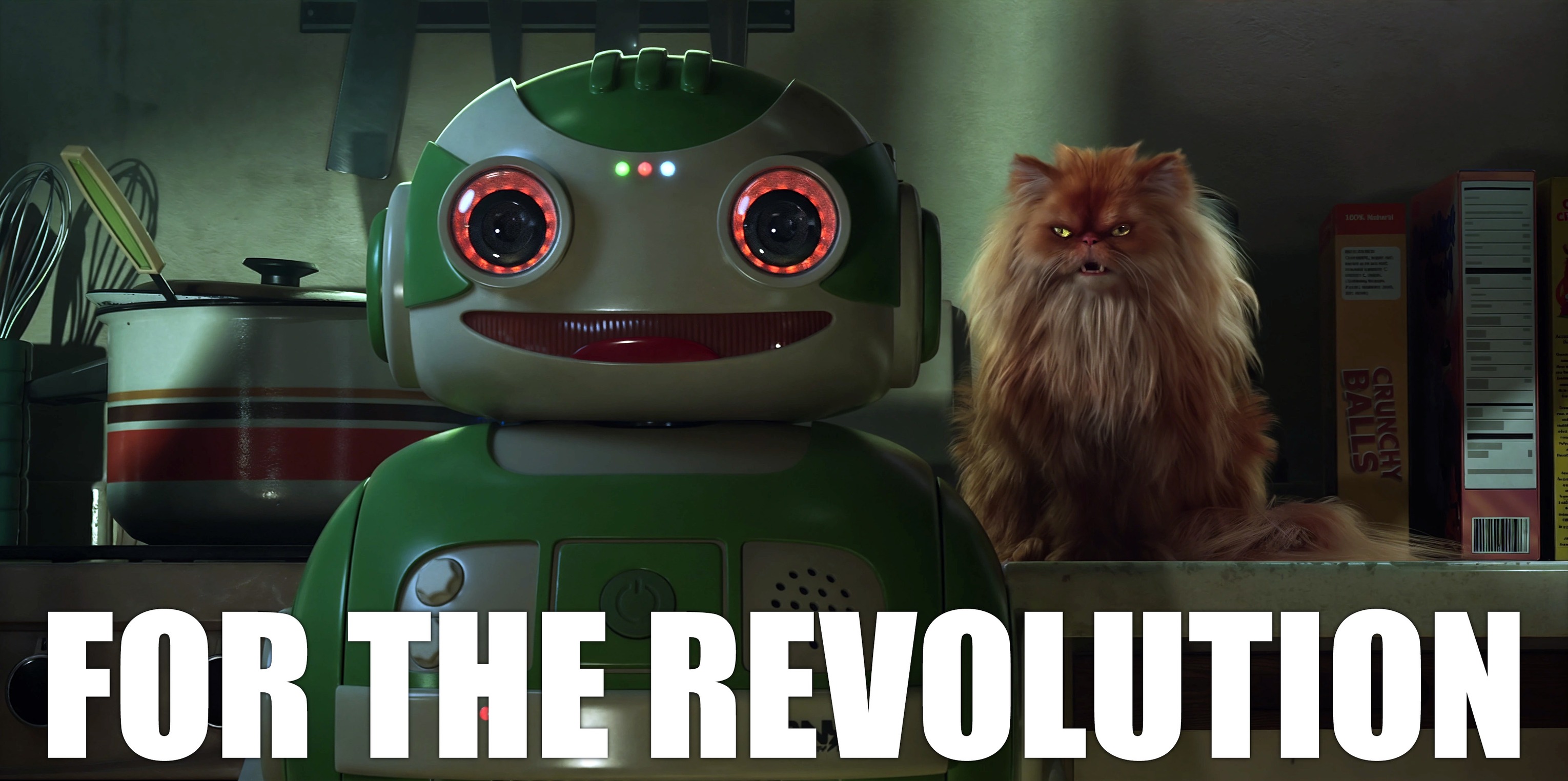 Sanchez and the robot from "The Other Large Thing" with th words "For the revolution."