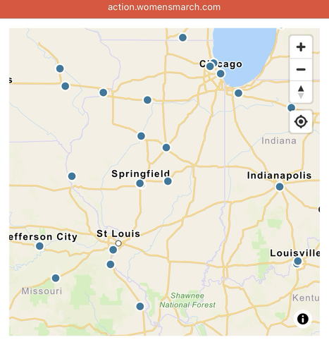 Map showing locations of “Free America” protests being held in Illinois during the July 4th Weekend of 2025.