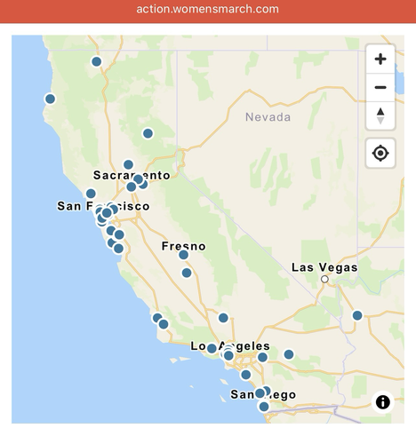 Map showing locations of “Free America” protests being held in California during the July 4th Weekend of 2025.