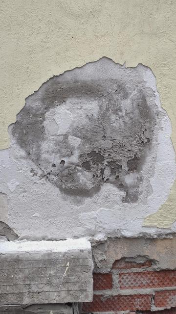 In the photo: The wall is pale yellow with falling off plaster. There is a wet spot in the middle of the wall, in the outlines of which you can see a strange face or skull.