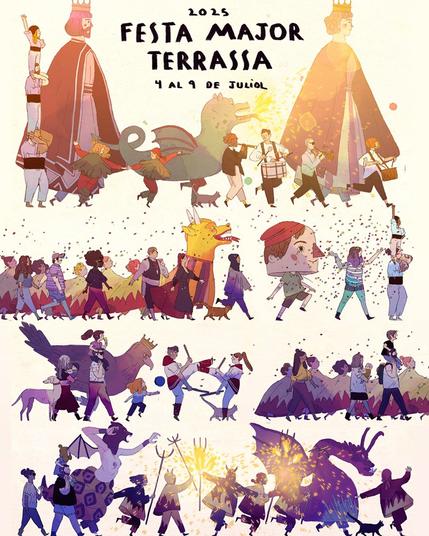 Cartel de Conrad Roset para la Festa Major Terrassa del 4 al 9 de Julio de 2025. En la presentación dijeron que es "Un disseny vibrant i ple d’energia que captura l’essència de la nostra gran festa: música, cultura i emoció als carrers"