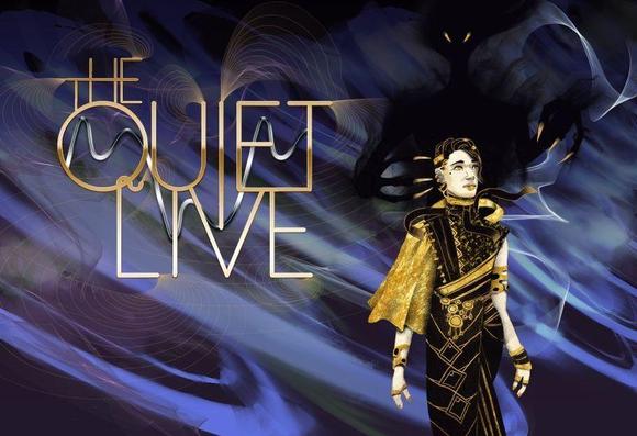 Title illustration for the upcoming TTRPG The Quiet live. A fancy golden title logo on the left and a fashion illustration kind of character on the right, painted in only black, whtie and gold, with a threating, misty figure rising behind them.