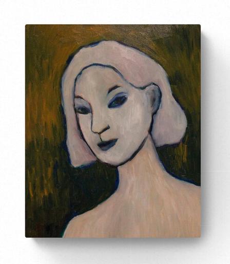 Feministinen taide. Kuvassa puulle tehty öljymaalaus, jossa vanheneva nainen katsoo intensiivisesti suoraan kohti.