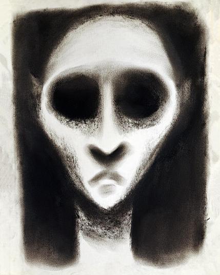 Creepy charcoal drawing of a slim face with large, empty eyes staring at the viewer.