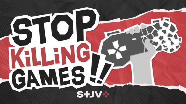 Sur un fond rouge et noir, sur la gauche de l'image le titre STOP KILLING GAMES!!
À droite, le logo de l'initiative (une main levée tenant une manette de jeu en train de se déliter).
En bas de l'image, le logo du STJV.