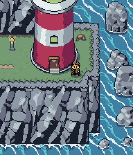 A man standing in front of a lighthouse, watching down the cliffs. In a pixelart style.