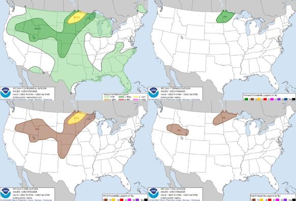 Scattered severe thunderstorms are possible later today into the evening over the Upper Midwest. Severe gusts will be the primary hazard. Isolated severe gusts and hail may also occur from eastern Oregon into portions of the northern Great Basin/Rockies. #WeatherAwareDay #weather #wx #SPC #TheOutpost #SevereWeather 

Above Normal Temperatures, Strong Thunderstorms, Tropical Development Being Monitored
Well above normal temperatures are forecast to shift from the northern Plains through the Northeast U.S. over the long holiday weekend. A few strong to severe thunderstorm will be possible as well along with a potential for excessive rainfall. A tropical or subtropical depression could form off the Southeast U.S. coast over the weekend while drifting northward to northeastward