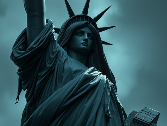 Portrait of the Statue of Liberty with a focus on her face and torch, set against a moody sky.