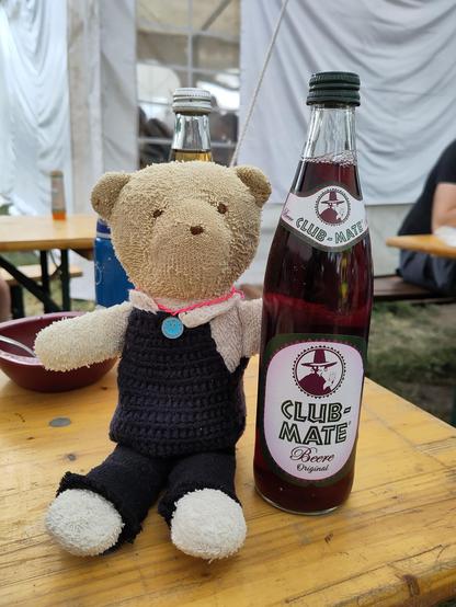 Little plushie bear sitting next to a half liter bottle of Club Mate berry flavor.