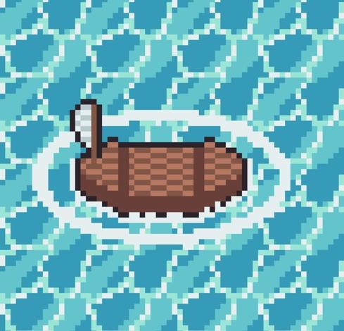 A small wooden boat floating in water, with some ripples.