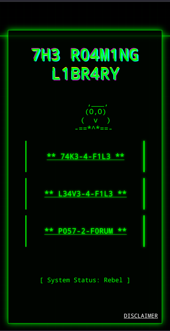 The splash page of 7H3 R04M1NG L1BR4RY, part of the B00KM4RK Project