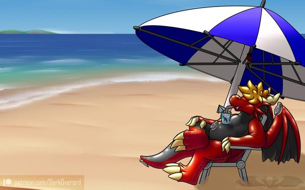 In a beach scene is DarkOverord, a red anthropomorphic animate inflatable inflatable toy, as it sits on a chair that's under a white and blue umbrella.  Its eyes are closed and it has a drink balanced on its belly, with a little cocktail umbrella while drinking through a straw.  Hanging from the stretcher poles in the umbrella is a small red vampire bat.
