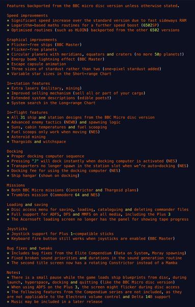 Feature list for the Compendium version of Acorn Electron Elite