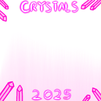 Pink crystals on the four corners of a transparent image. It reads ‘Crystals’ at the top in pink glowing letters and ‘2025’ in the same color on the bottom.