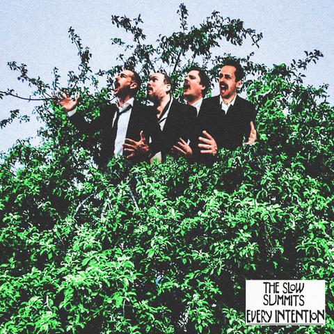 [pochette d'album :] Montage photographique montrant les quatre membre du groupe en costumes noirs et chemises blanches, comme perchés au sommet d'un arbre dont le feuillage occupe l'essentiel du cadre. Par leur attitude et leur tenue (bouches largement ouvertes, bras et mains largement ouverts, cravates dénouées), ils donnent l'impression de caricaturer des chanteurs lyriques. Le nom du groupe (The Slow Summits) et le titre de l'album (Every Intention) sont relégués dans le coin inférieur droit en caractères noirs dans un cartouche blanc.
