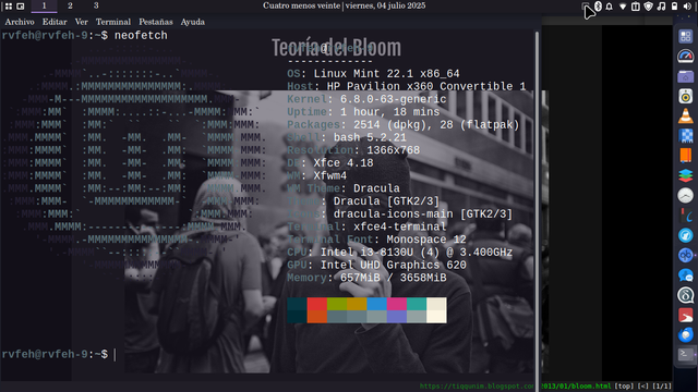 versión linux mint 22.1 con entorno gráfico xfce 4.18 con temas e icónos Dracula en un HP Pavilion del año 2018 - muy estable y bastante veloz para su uso diario, feliz