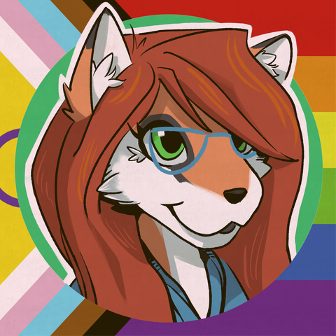 A cartoon style avatar of a femme anthro fox with long red hair, green eyes, wearing blue thin-framed glasses, and the collar of a light-blue shirt can be seen. The Pride progress flag can be seen in the background of the avatar.
