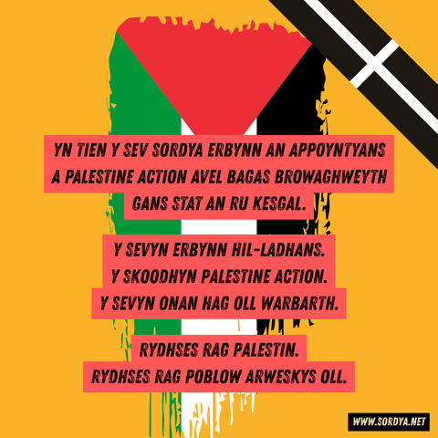 Yn tien y sev Sordya erbynn an appoyntyans a Palestine Action avel bagas browaghweyth gans stat an RU kesgal.

Y sevyn erbynn hil-ladhans. Y skoodhyn Palestine Action. Y sevyn onan hag oll warbarth.

Rydhses rag Palestin. Rydhses rag poblow arweskys oll.