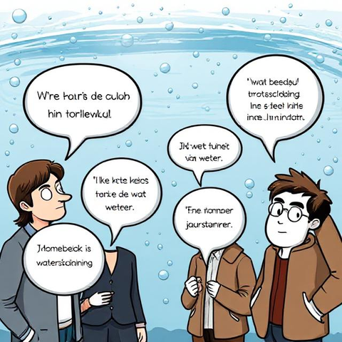 een AI gegenereerd horroplaatje van mensen al dan niet met een hoofd op de juiste plek, overal tekstballonnen gevuld met onzin en op de achtergrond water en bubbels