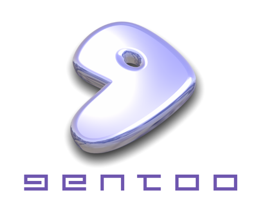 A picture of the Gentoo logo with the letters gentoo in dark purple letters. The letters use a special font with the iconic rectangle shape of the newage font.
