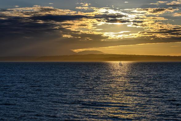 Color photo.  The bottom half is the dark water of Puget Sound, covered in gentle waves.  A line of reflected sunlight brightens a line on the right side, and the silhouette of a sailboat can be seen in it.  The far shore is a line of dark trees, and the sky is full of clouds that barely hide the sun.
