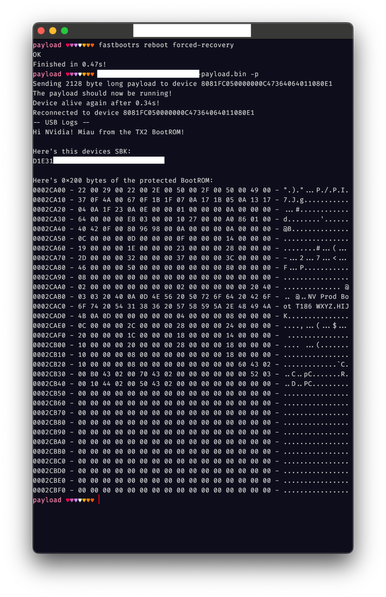 A screenshot of a terminal. The first command ran reboots the Magic Leap One headset into the BootROM USB Recovery Mode. The second command is partially censored, but the output shows the following, partially changed to be more screenreader friendly:

Sending 2128 bye long payload to device.
The payload should now be running!
Device alive again after 0.34s!
Reconnected to device.

USB Logs:

Here's this devices SBK: redacted

Here's  0x200 bytes of the protected BootROM:

A hex dump is visible here, with the string "NV Prod Boot T186" in it