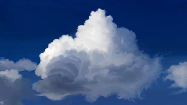 Digital painting of a large, voluminous, white and grey cloud, wide rather than tall, but still rising. It is surrounded by smaller clouds on both sides. The sky is a vibrant blue behind.