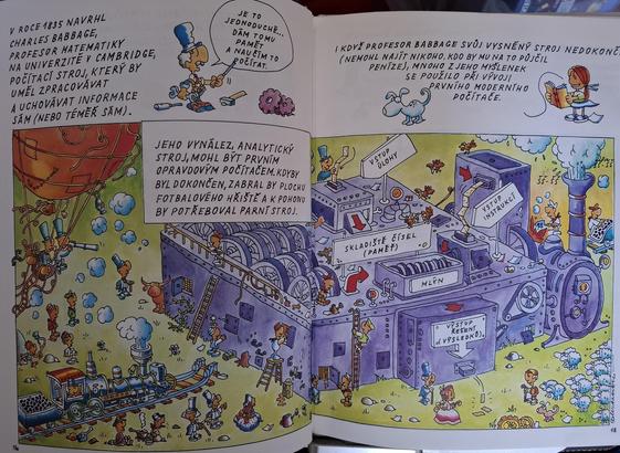 Photo d'une double page illustrée d'un livre avec du texte en tchèque présentant la machine analytique. La machine prend l'essentiel de la place et est entourée de plusieurs personnages, ainsi que d'une locomotive à vapeur et d'un troupeau de moutons