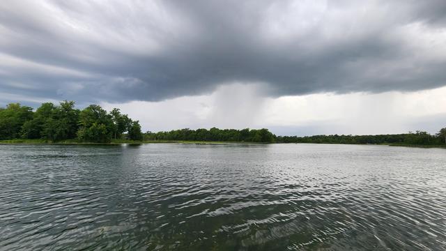 The image depicts a tranquil lake scene under a dramatic sky. In the foreground, the calm water reflects the surrounding greenery and the overcast sky, creating a serene atmosphere. The lake is bordered by lush trees on the left side, with a dense canopy of green foliage. The background features a line of trees along the far shore, adding depth to the scene. The sky is filled with dark, heavy clouds, suggesting an impending storm, with rain visible in the distance. The overall color palette is dominated by shades of gray and green, with the water appearing dark and reflective. The image captures a moment of natural beauty, with the contrast between the calm water and the turbulent sky creating a striking visual.